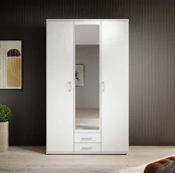 Kleiderschrank Daniela 120cm mit 3 Türen 2 Schubladen und Spiegel - weiß