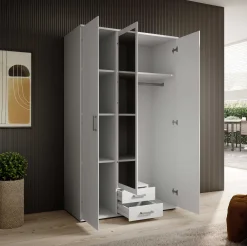 Kleiderschrank Daniela 120cm mit 3 Türen 2 Schubladen und Spiegel - weiß