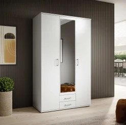 Kleiderschrank Daniela 120cm mit 3 Türen 2 Schubladen und Spiegel - weiß