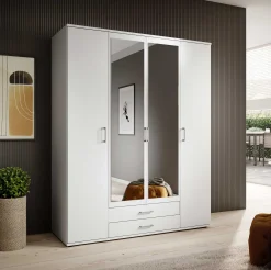 Kleiderschrank Daniela 160cm mit 4 Türen 2 Schubladen und Spiegel - weiß