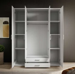 Kleiderschrank Daniela 160cm mit 4 Türen 2 Schubladen und Spiegel - weiß