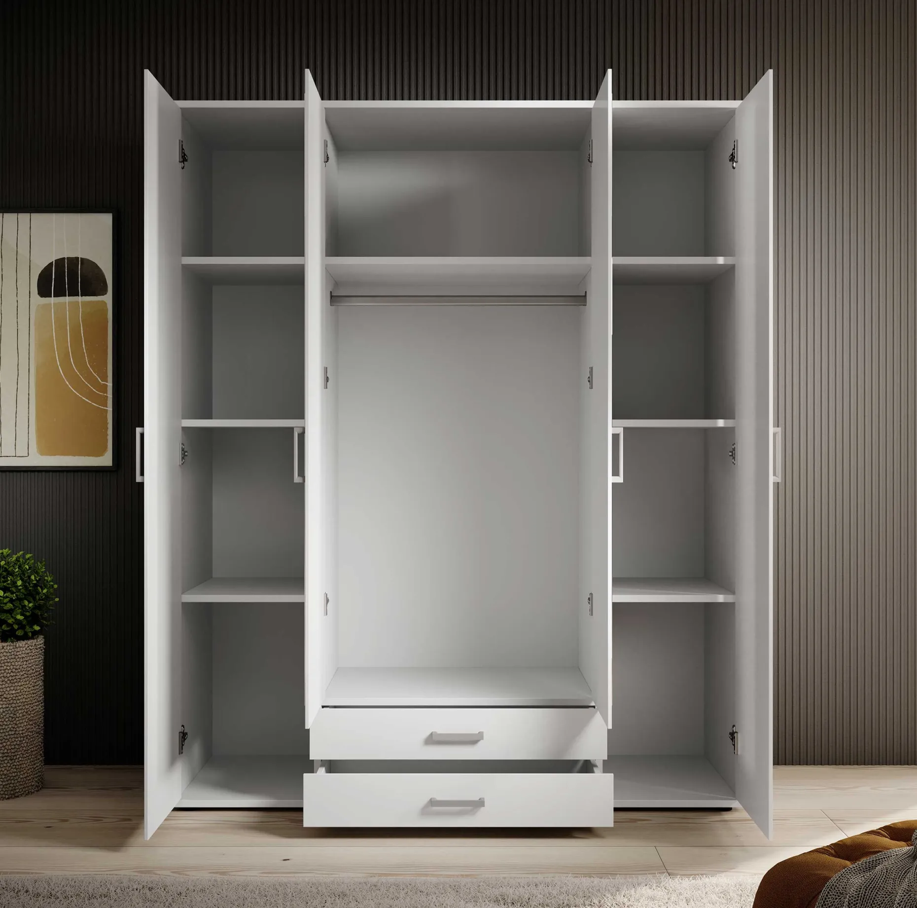 Kleiderschrank Daniela 160cm mit 4 Türen 2 Schubladen und Spiegel - weiß