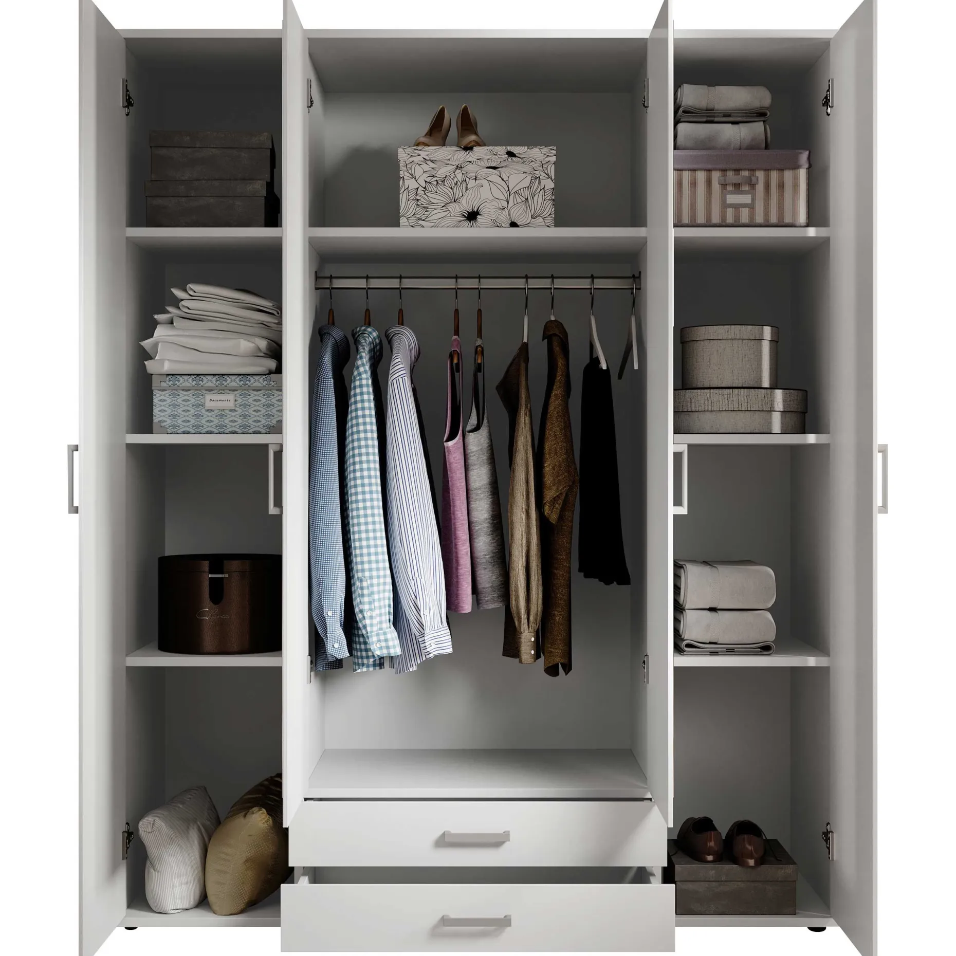 Kleiderschrank Daniela 160cm mit 4 Türen 2 Schubladen und Spiegel - weiß