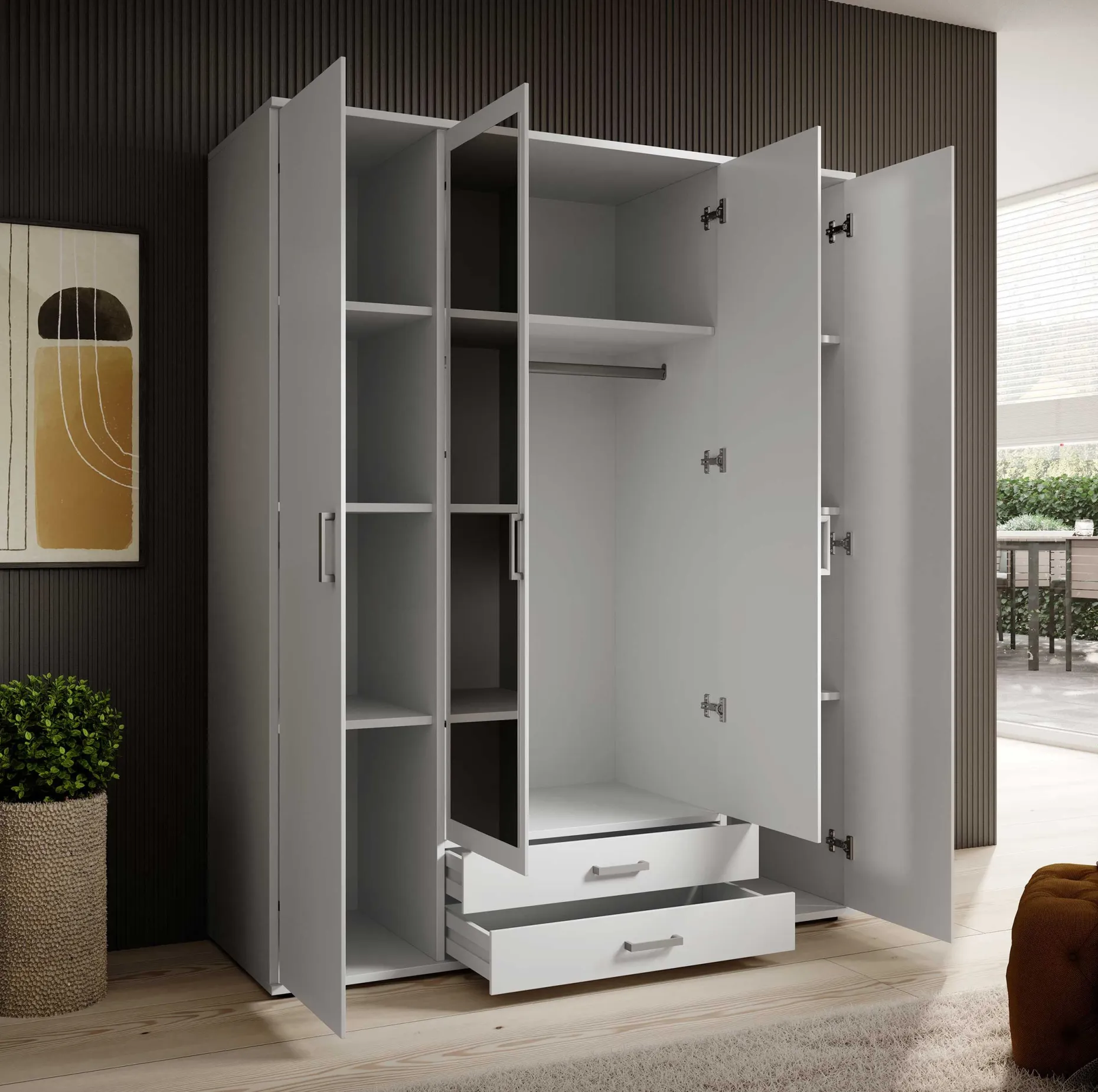 Kleiderschrank Daniela 160cm mit 4 Türen 2 Schubladen und Spiegel - weiß
