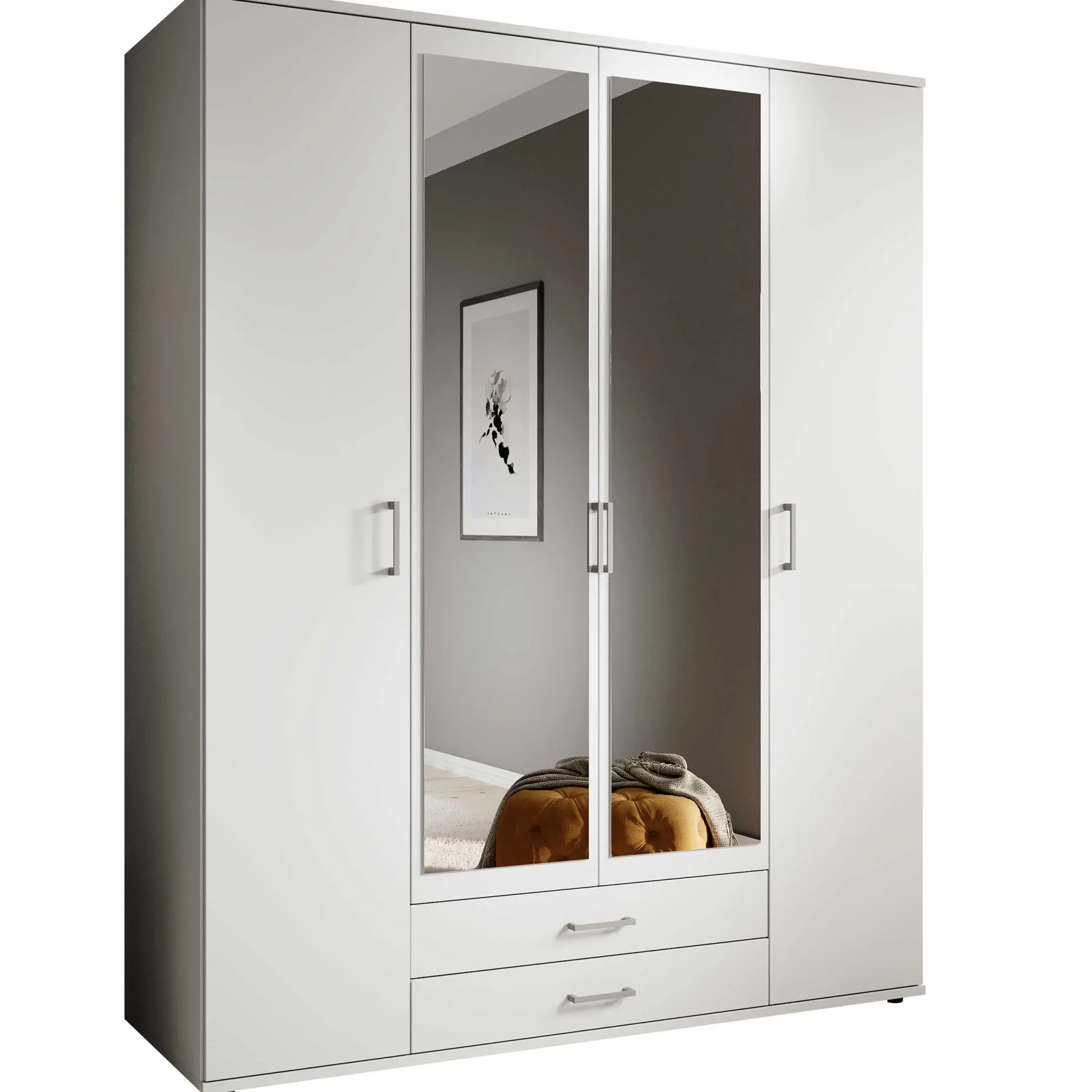 Kleiderschrank Daniela 160cm mit 4 Türen 2 Schubladen und Spiegel - weiß