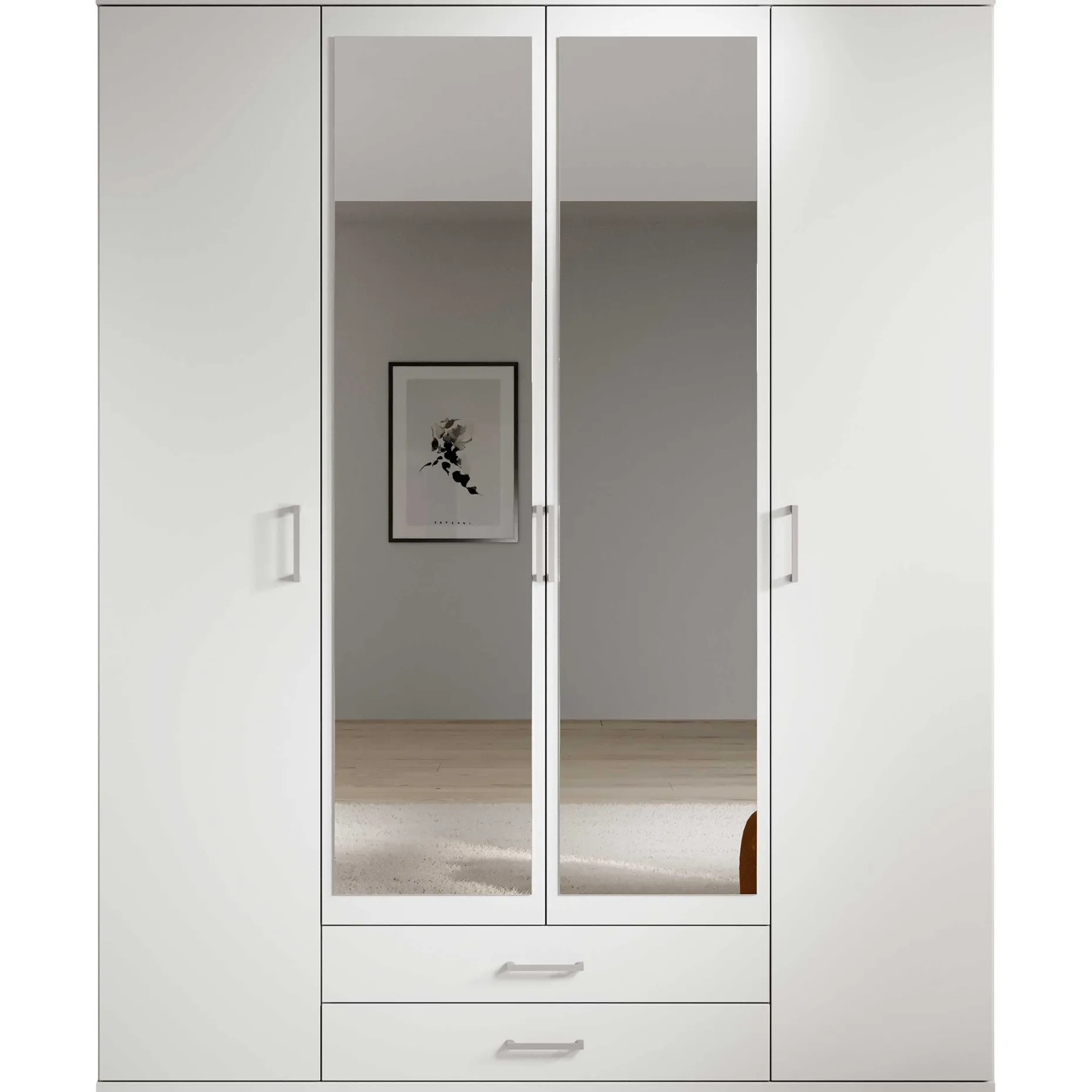 Kleiderschrank Daniela 160cm mit 4 Türen 2 Schubladen und Spiegel - weiß