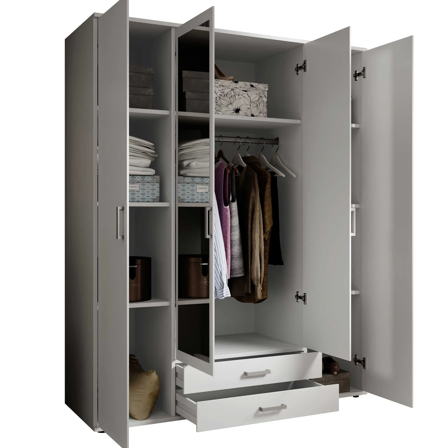 Kleiderschrank Daniela 160cm mit 4 Türen 2 Schubladen und Spiegel - weiß