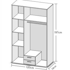 Kleiderschrank Ellis 120cm mit 3 Türen 2 Schubladen und Spiegel - alter Stil/Beton