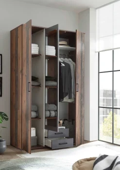 Kleiderschrank Ellis 120cm mit 3 Türen 2 Schubladen und Spiegel - alter Stil/Beton