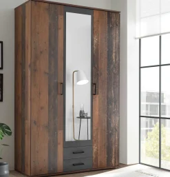 Kleiderschrank Ellis 120cm mit 3 Türen 2 Schubladen und Spiegel - alter Stil/Beton