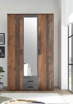 Kleiderschrank Ellis 120cm mit 3 Türen 2 Schubladen und Spiegel - alter Stil/Beton