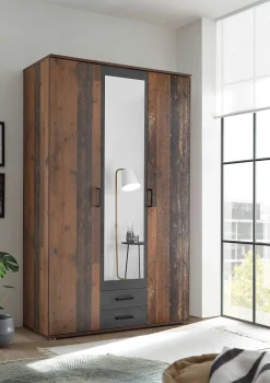 Kleiderschrank Ellis 120cm mit 3 Türen 2 Schubladen und Spiegel - alter Stil/Beton