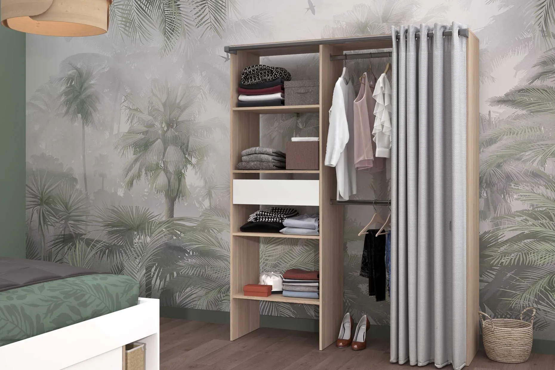 Kleiderschrank Gary mit Vorhang 1 Schublade - grau/eiche