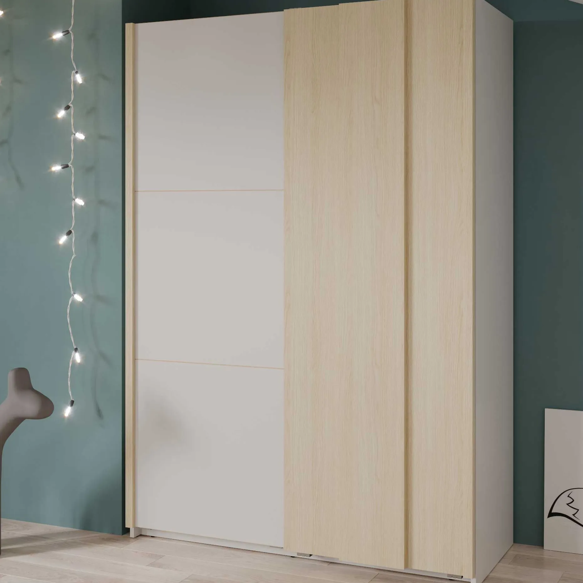 Kleiderschrank Heva - 140x64x203cm - 2 Türen - weiß/Eiche Dekor