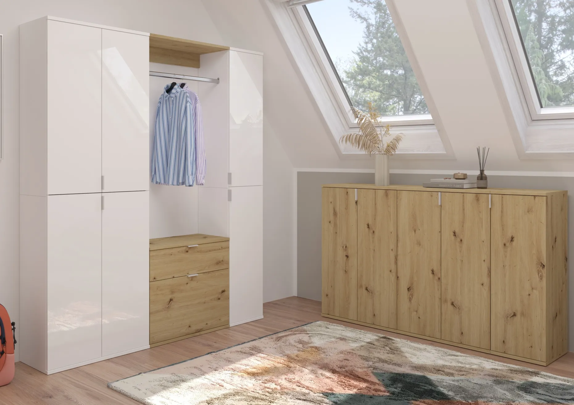Kleiderschrank Kombination Projekt X Emob - Weiß Artisan Oak - 152x193x34 cm