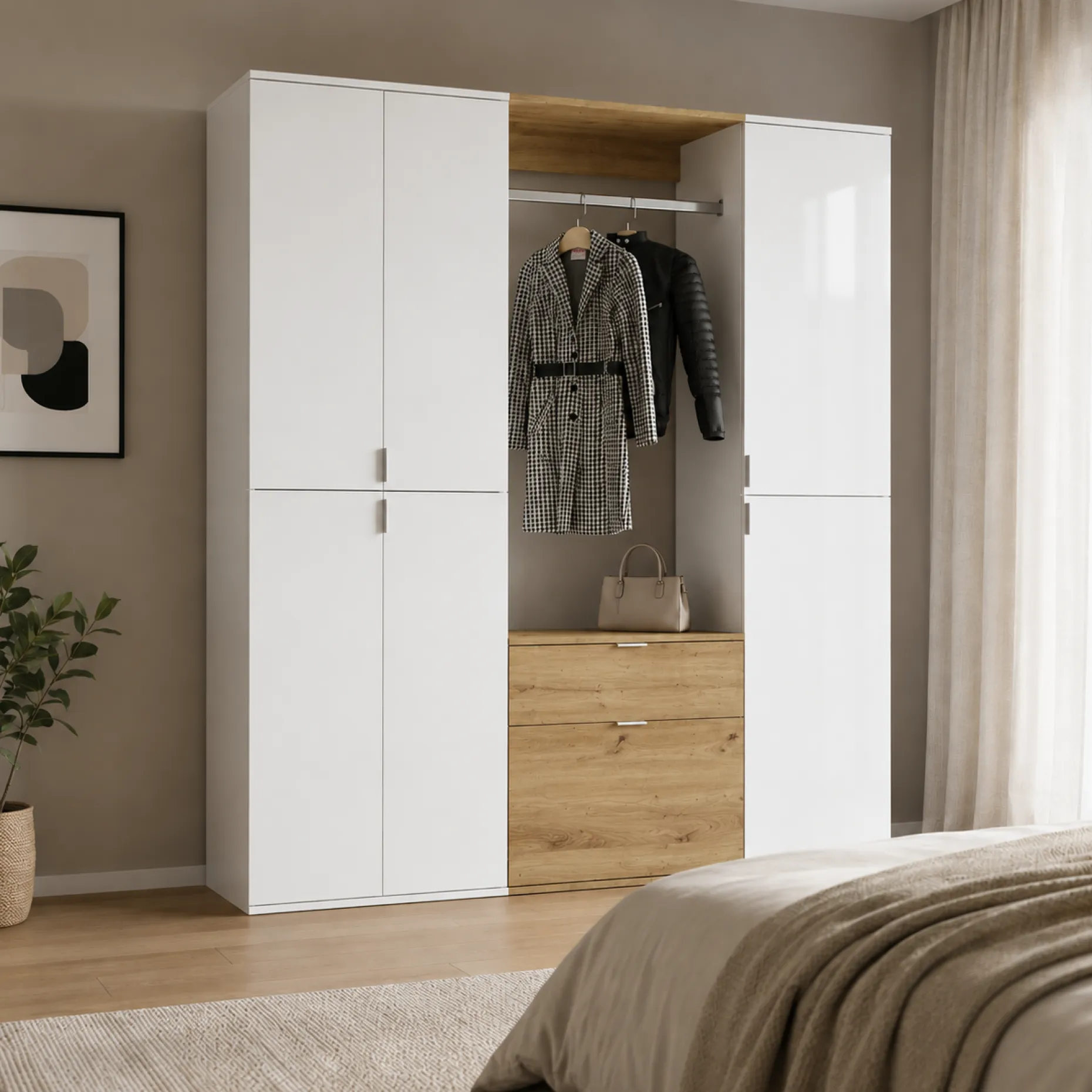 Kleiderschrank Kombination Projekt X Emob - Weiß Artisan Oak - 152x193x34 cm