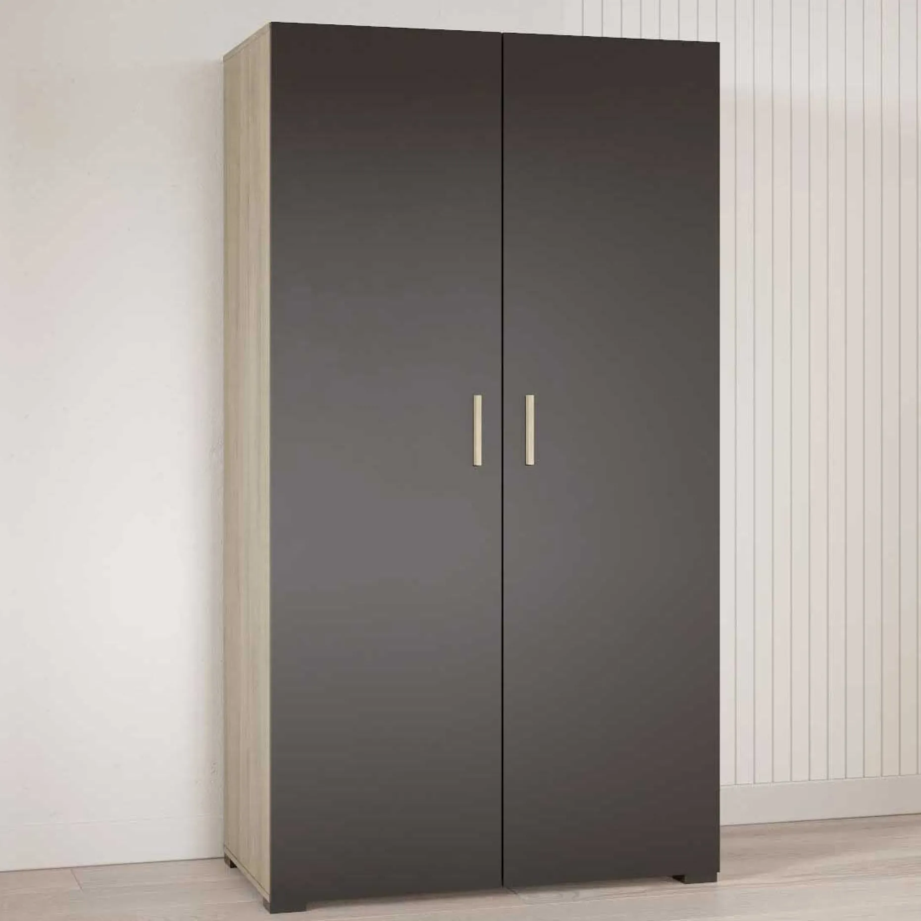 Kleiderschrank Liva 2 Drehtüren, 1 Kleiderstange und 4 Einlegeböden-Kronberg Eiche/mattschwarz