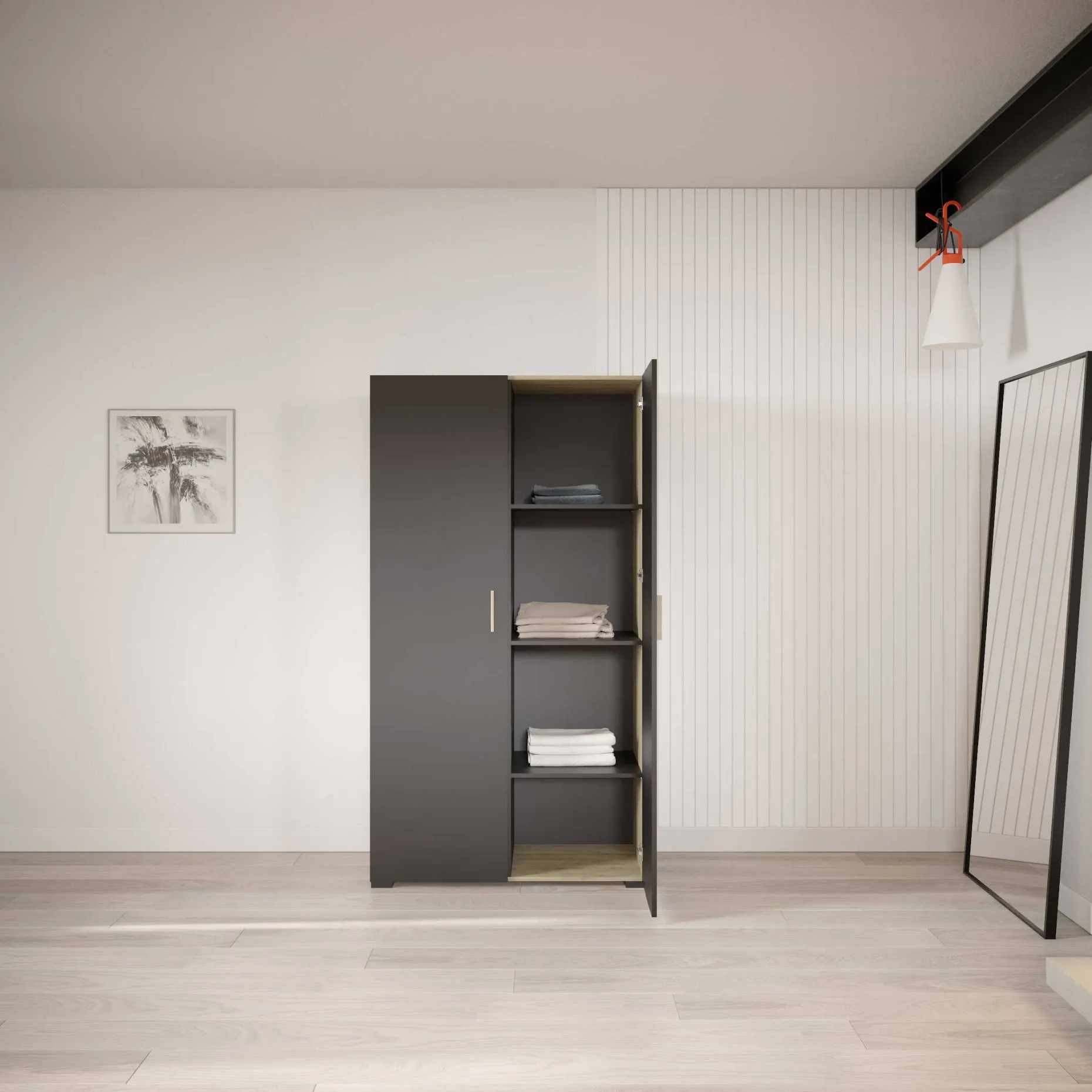 Kleiderschrank Liva 2 Drehtüren, 1 Kleiderstange und 4 Einlegeböden-Kronberg Eiche/mattschwarz