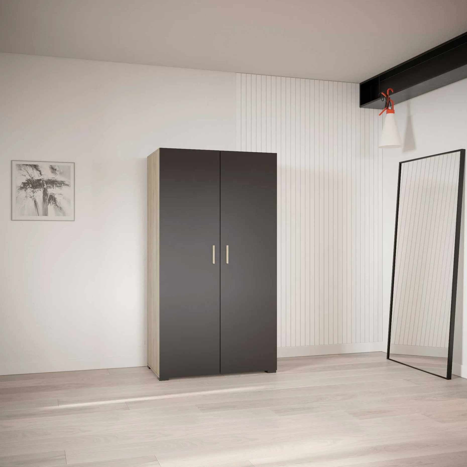 Kleiderschrank Liva 2 Drehtüren, 1 Kleiderstange und 4 Einlegeböden-Kronberg Eiche/mattschwarz