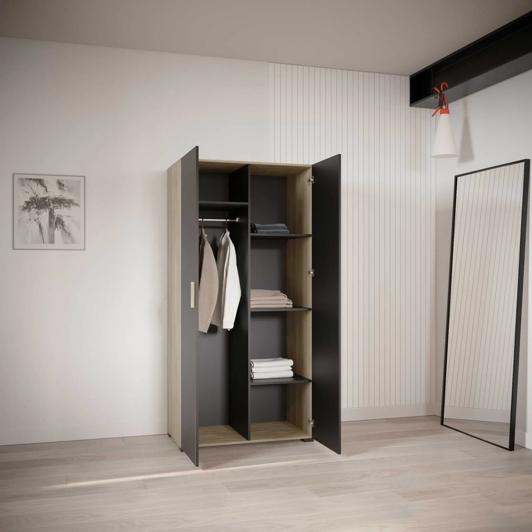 Kleiderschrank Liva 2 Drehtüren, 1 Kleiderstange und 4 Einlegeböden-Kronberg Eiche/mattschwarz