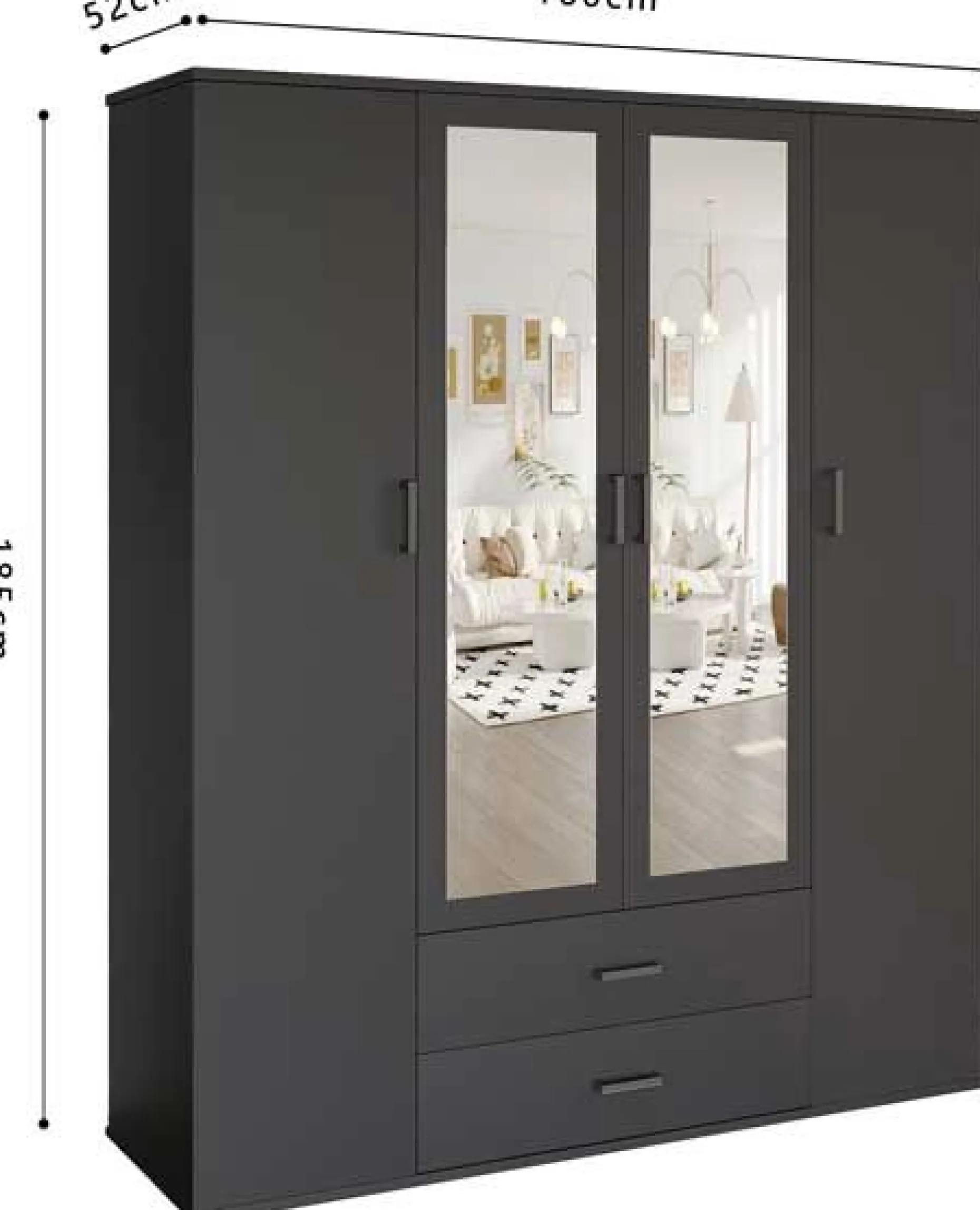 Kleiderschrank Marc mit Spiegel - 4 Türen und 2 Schubladen - dunkelgrau
