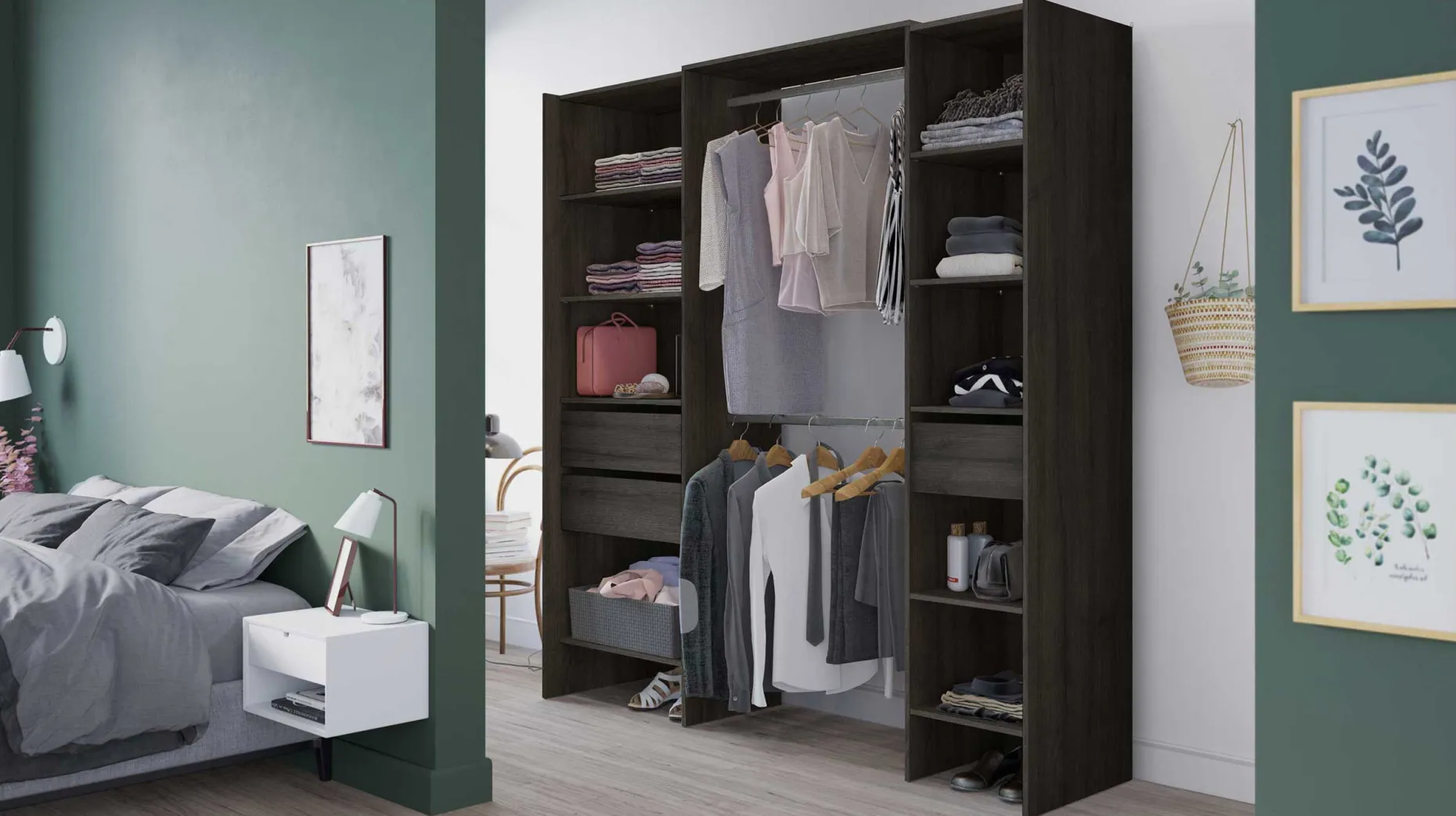 Kleiderschrank Mimi 7 Einlegeböden, 3 Schubladen und 2 Kleiderstangen-Waterford Eiche