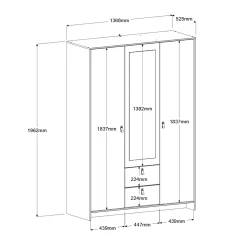 Kleiderschrank Minty 137cm, 3 Türen und 2 Schubladen - weiß