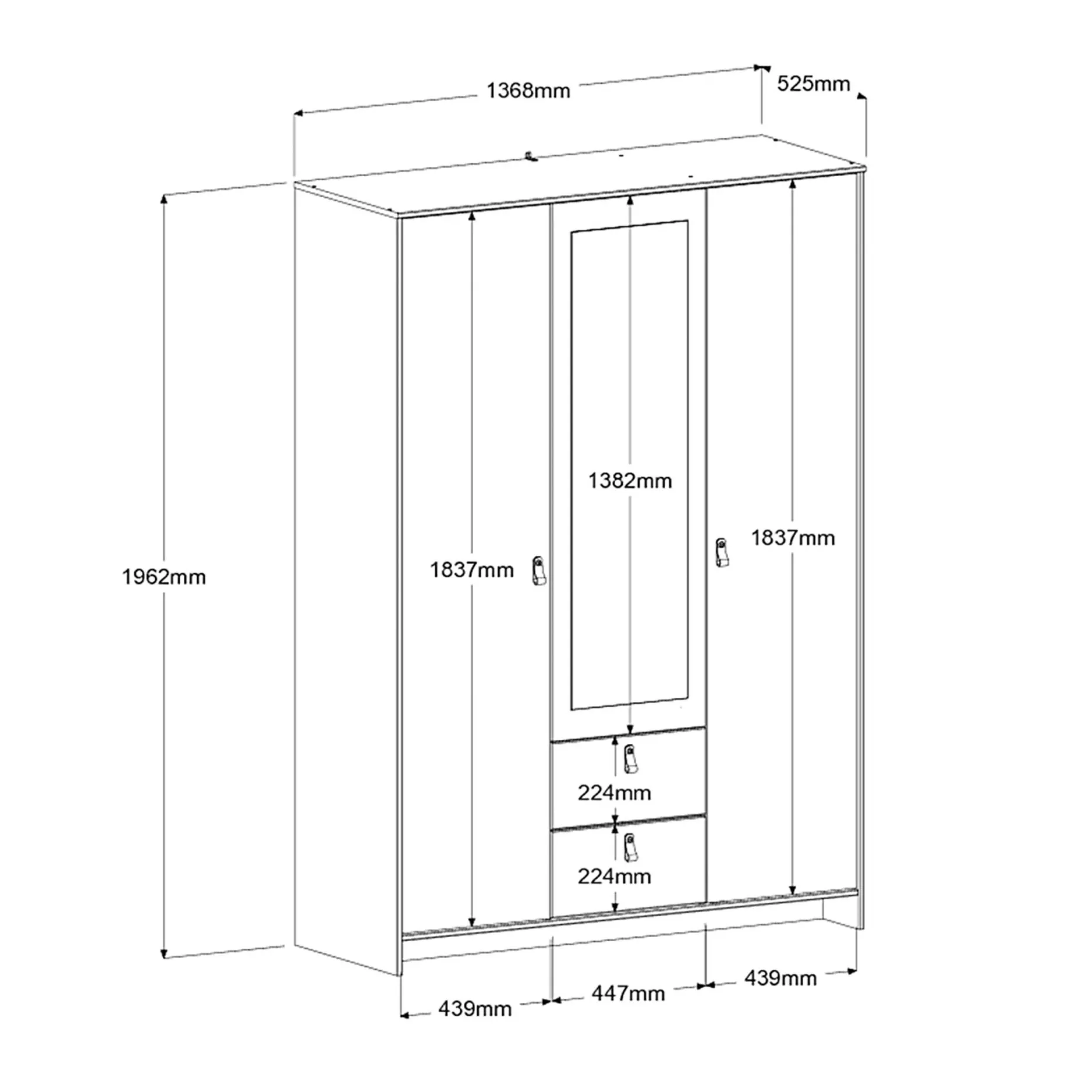 Kleiderschrank Minty 137cm, 3 Türen und 2 Schubladen - weiß