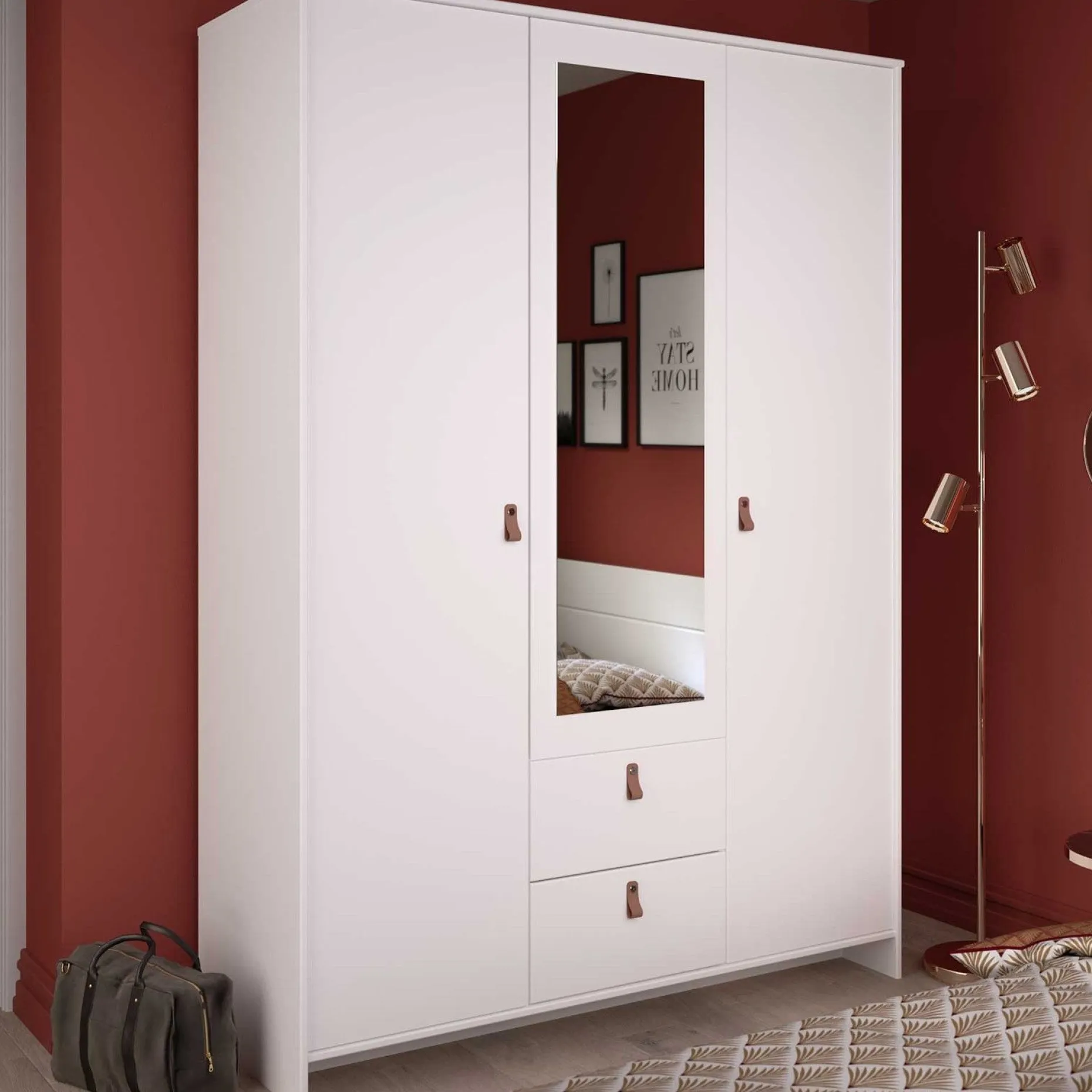 Kleiderschrank Minty 137cm, 3 Türen und 2 Schubladen - weiß