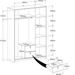 Kleiderschrank Minty 137cm, 3 Türen und 2 Schubladen - weiß