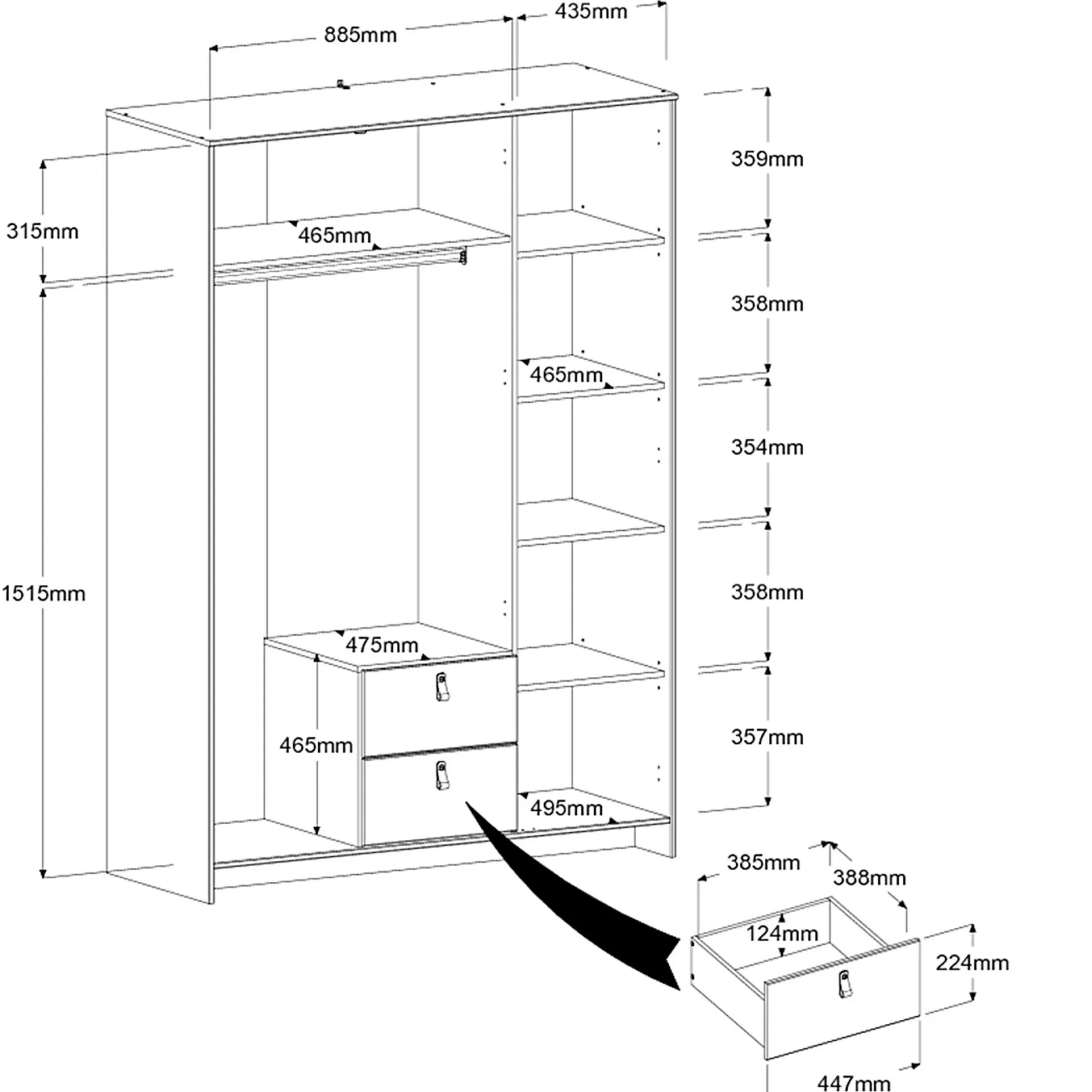 Kleiderschrank Minty 137cm, 3 Türen und 2 Schubladen - weiß