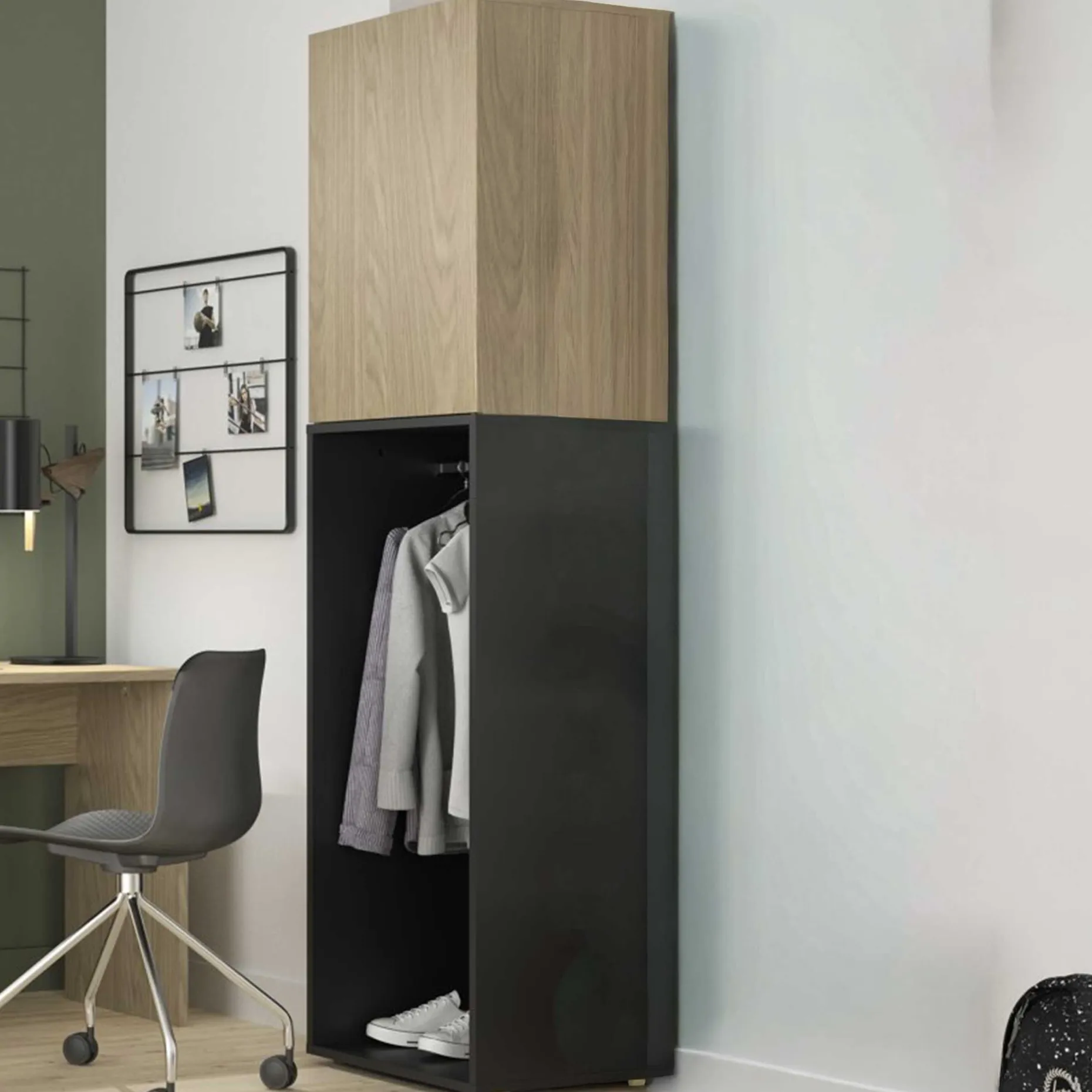 Kleiderschrank Nael - 50x60x200cm - 1 Tür und 1 Kleiderstange - Eiche Dekor/schwarz