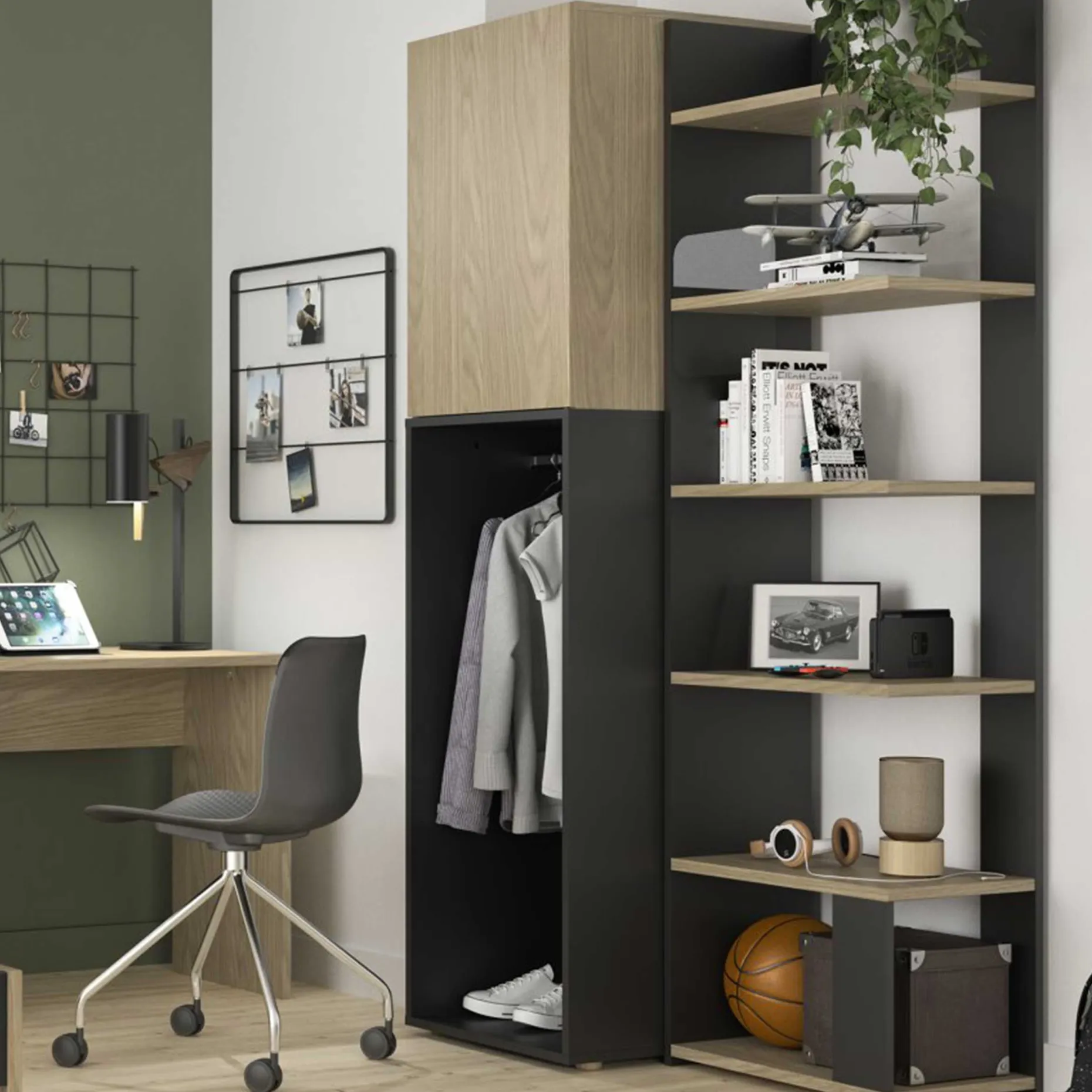 Kleiderschrank Nael - 50x60x200cm - 1 Tür und 1 Kleiderstange - Eiche Dekor/schwarz