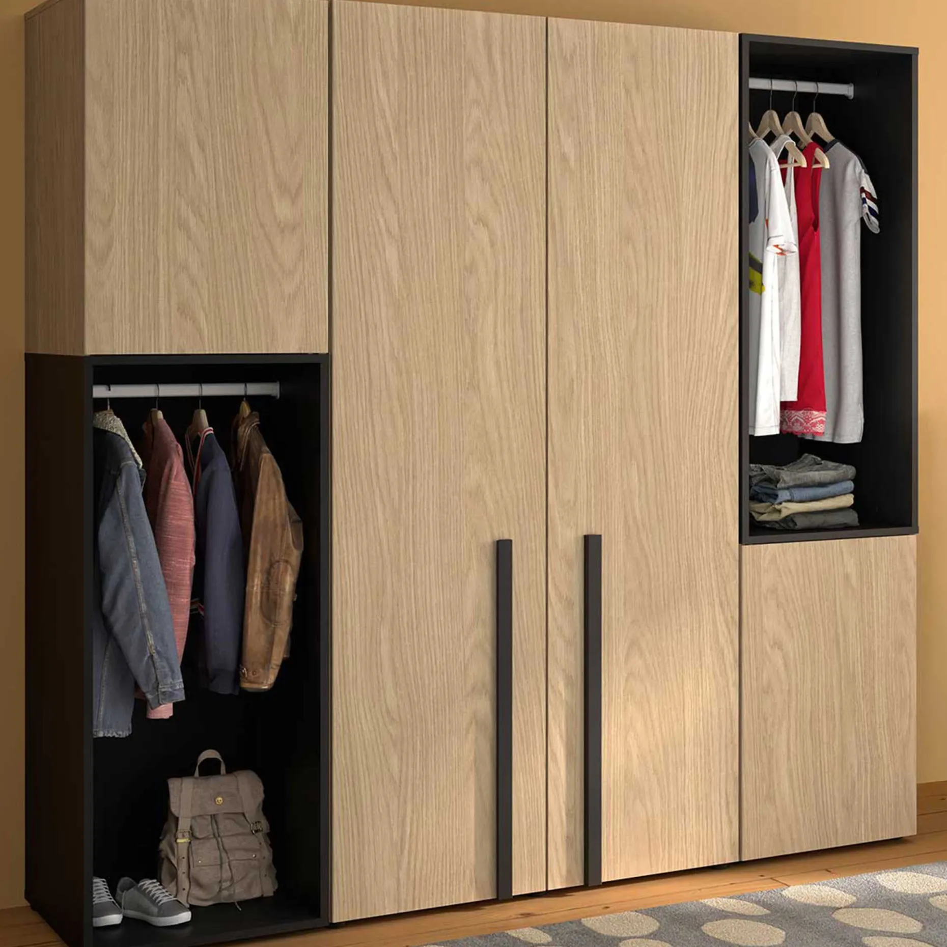 Kleiderschrank Nael - 50x60x200cm - 1 Tür und 1 Kleiderstange - Eiche Dekor/schwarz