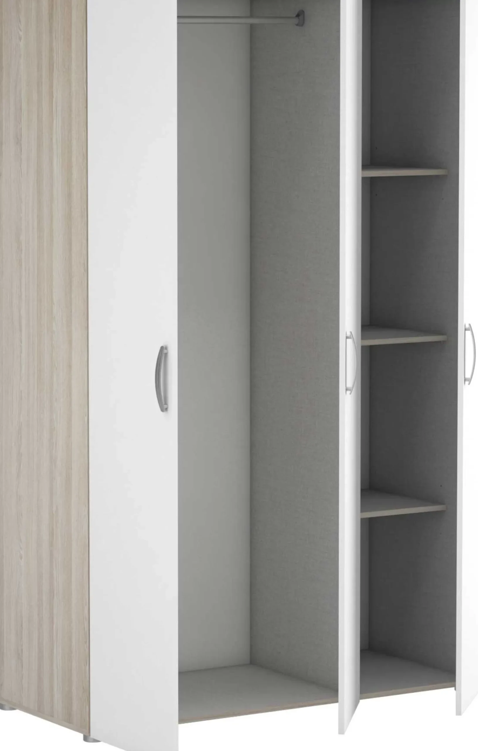 Kleiderschrank Noni-3 Flügeltüren, 1 Kleiderstange und 3 Einlegeböden-Shannon Eiche/Mattweiß