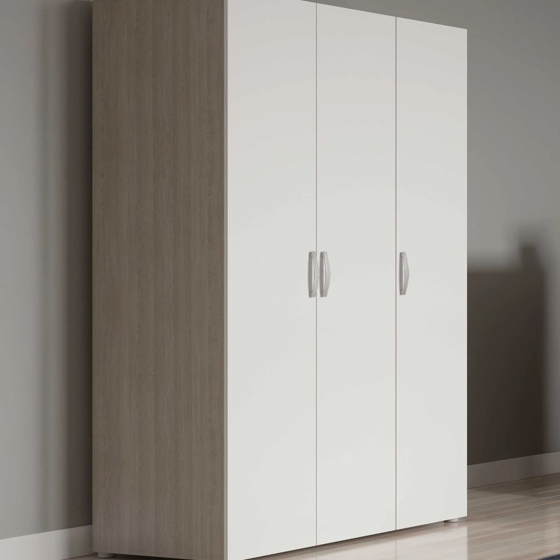 Kleiderschrank Noni-3 Flügeltüren, 1 Kleiderstange und 3 Einlegeböden-Shannon Eiche/Mattweiß