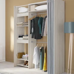 Kleiderschrank Odette 6 Ablagefächer, 2 Kleiderstangen und 1 Vorhang - Shannon Eiche