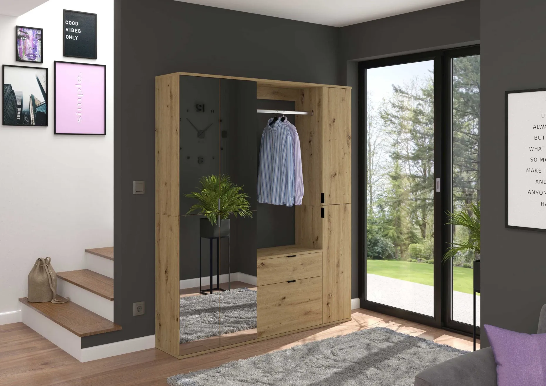 Kleiderschrank Projekt X Emob - Artisan Oak - 152x193x34 cm - Spiegel