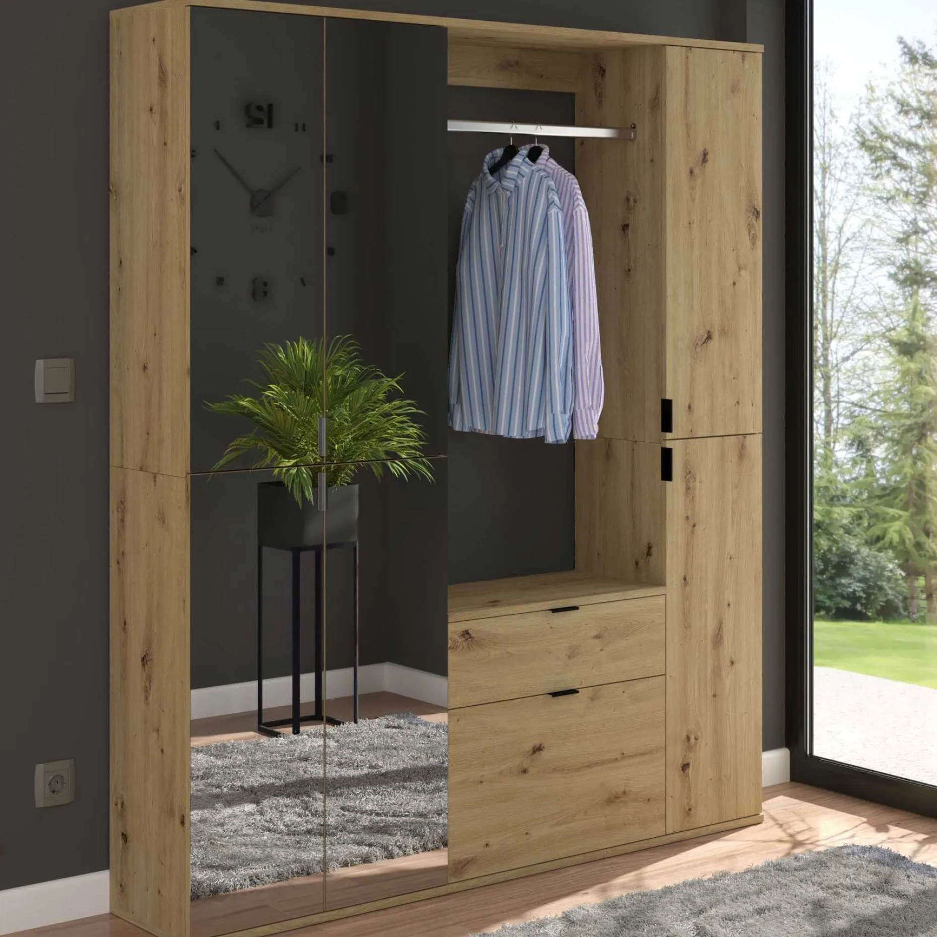 Kleiderschrank Projekt X Emob - Artisan Oak - 152x193x34 cm - Spiegel