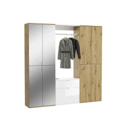 Kleiderschrank Projekt X Emob - Artisan Oak & Weiß mit Spiegel - 183x193x34 cm