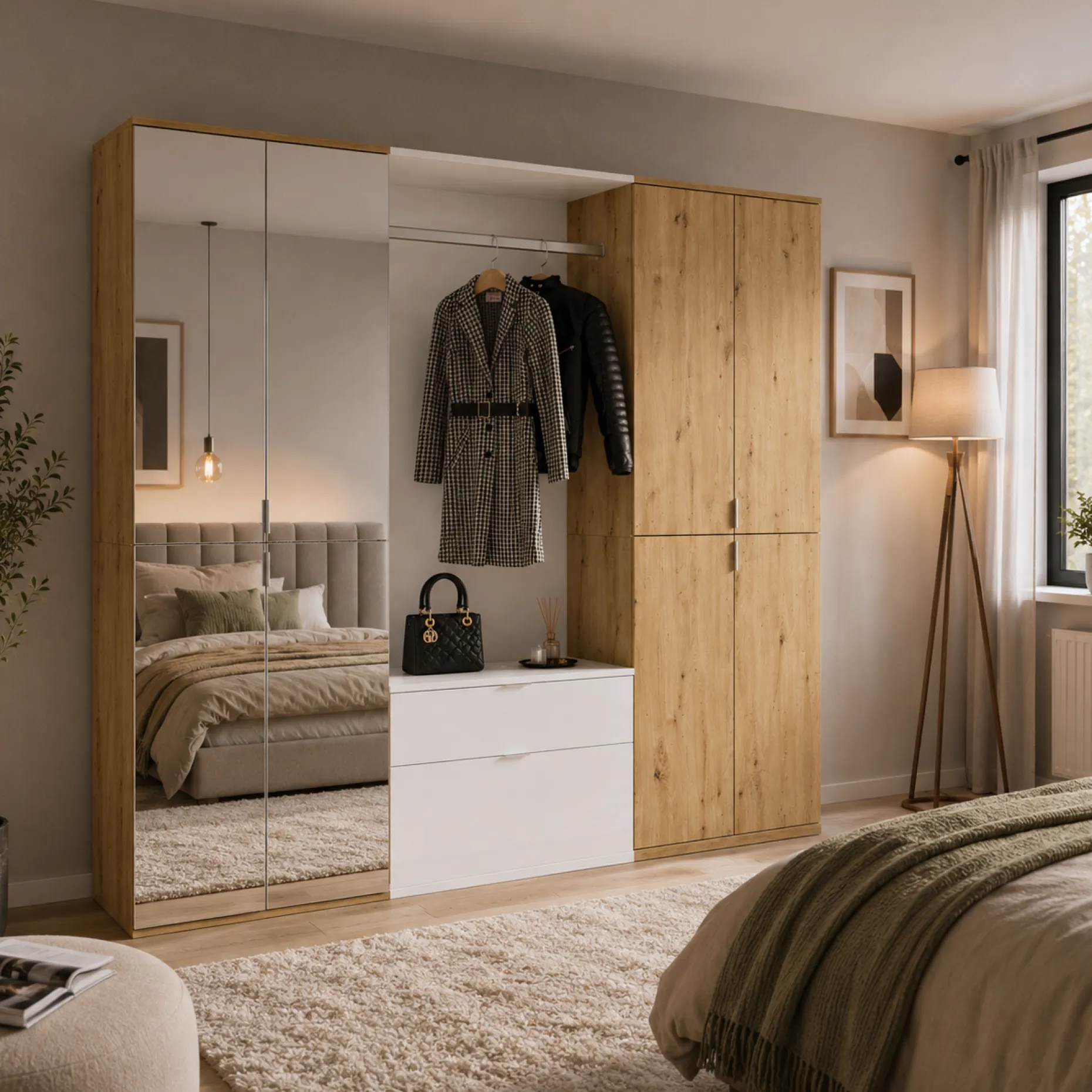 Kleiderschrank Projekt X Emob - Artisan Oak & Weiß mit Spiegel - 183x193x34 cm