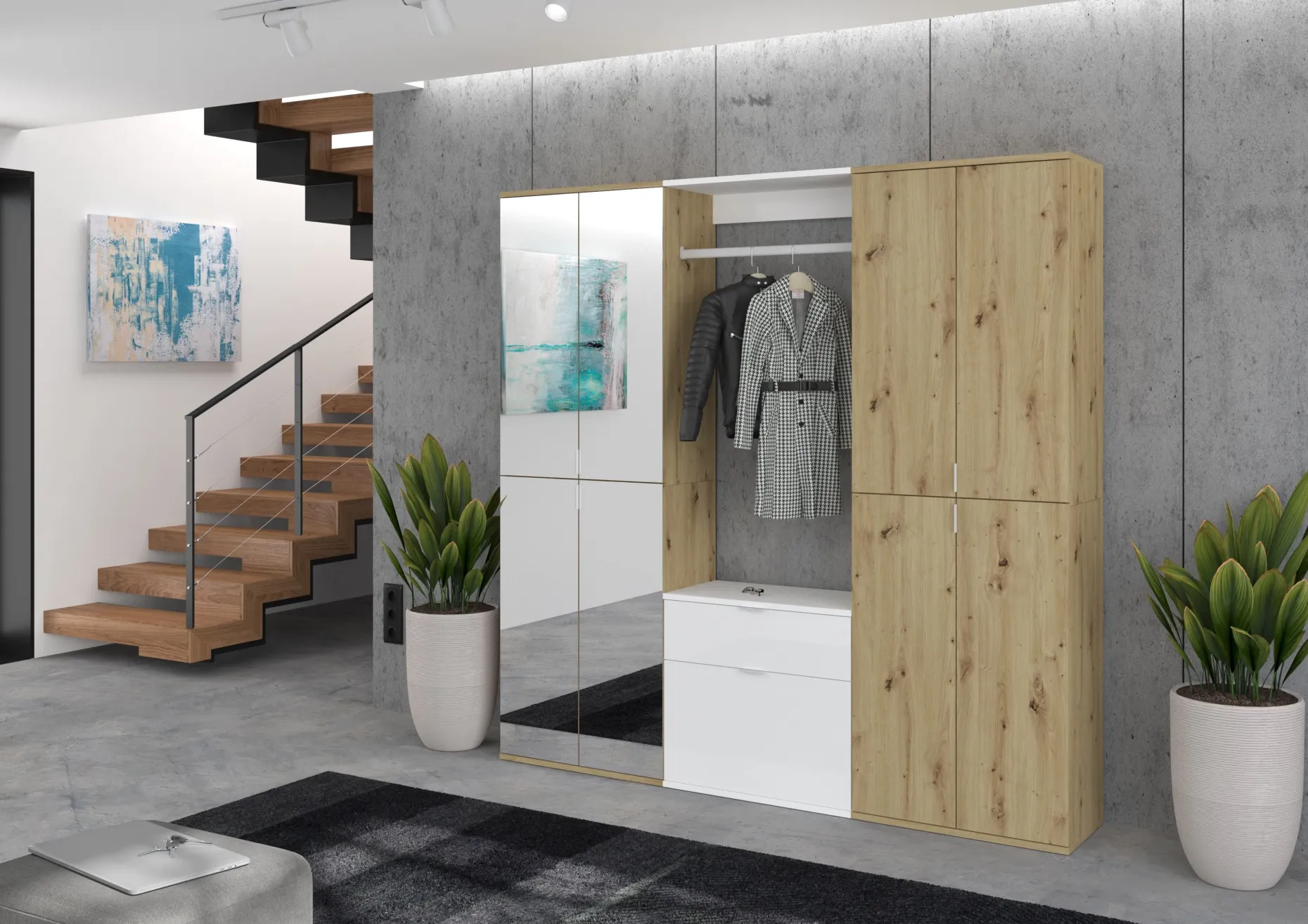 Kleiderschrank Projekt X Emob - Artisan Oak & Weiß mit Spiegel - 183x193x34 cm