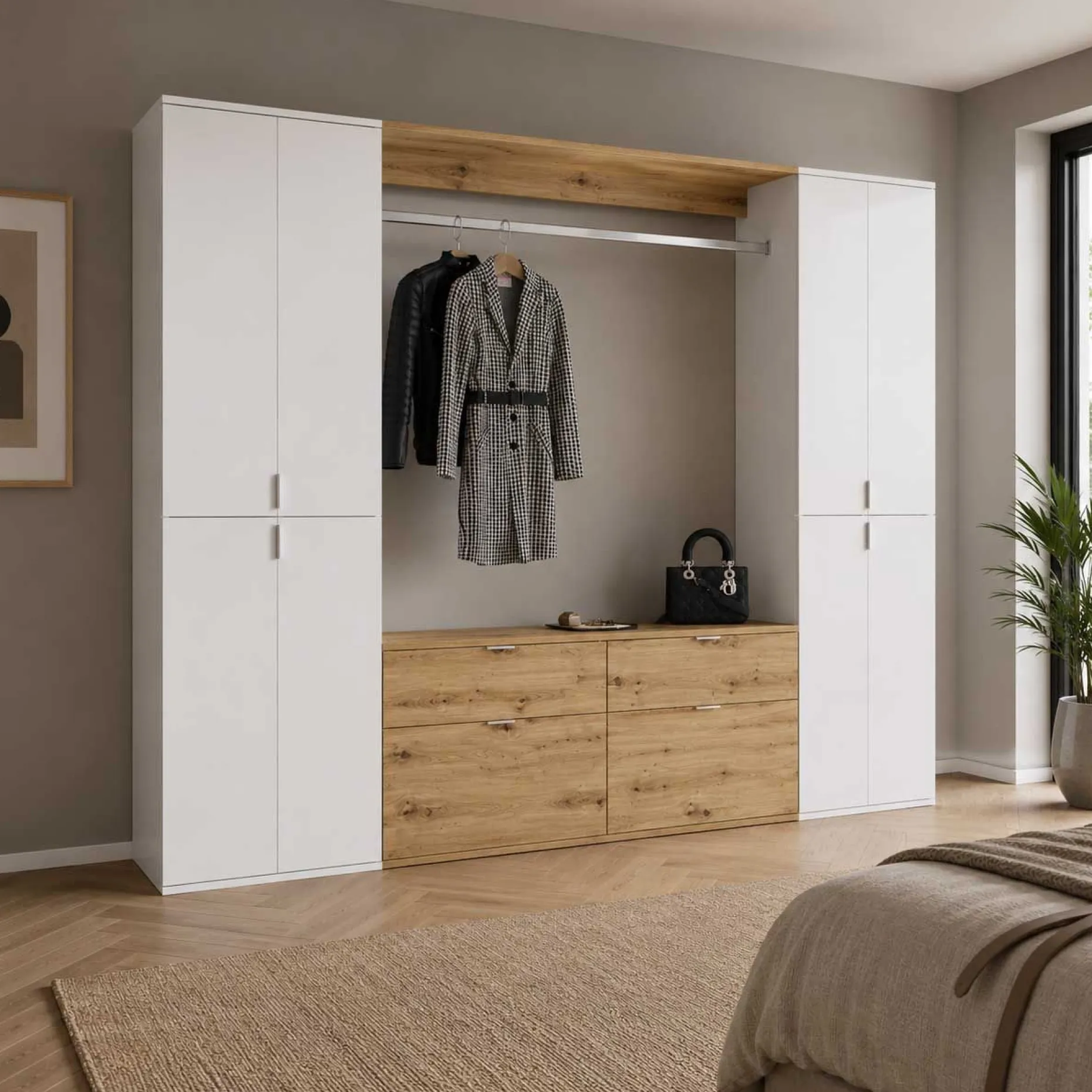 Kleiderschrank Projekt X Emob - Weiß Artisan Oak - 212x193x34 cm