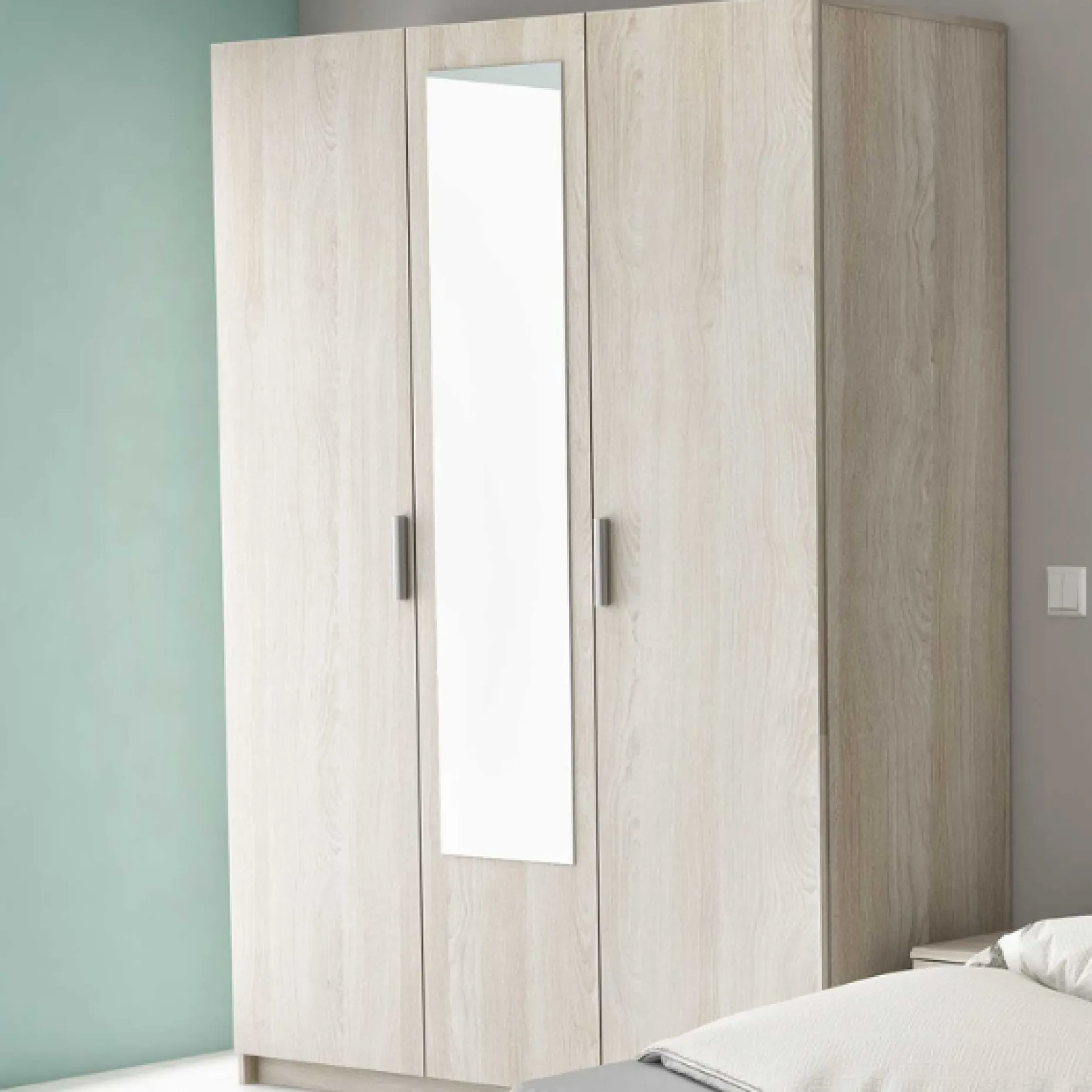 Kleiderschrank Prya 3 Flügeltüren, 4 Einlegeböden und 1 Kleiderstange - Eiche Shannon