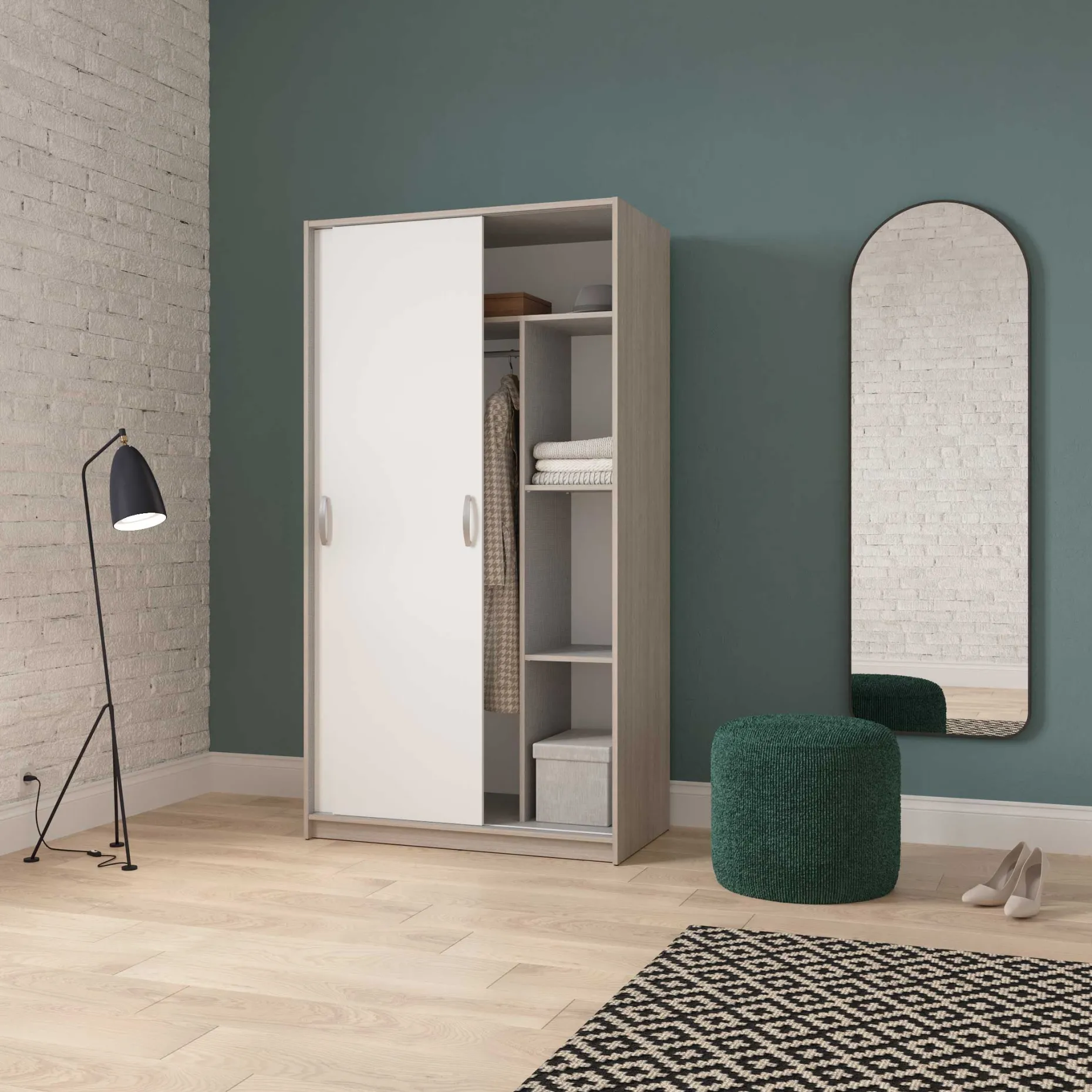 Kleiderschrank Rollo - 102x55x192cm - 2 Türen - weiß/Eiche Dekor