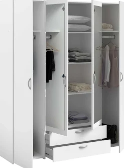 Kleiderschrank Salvador Spiegel, 4 Türen und 2 Schubladen - weiß