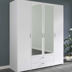 Kleiderschrank Salvador Spiegel, 4 Türen und 2 Schubladen - weiß