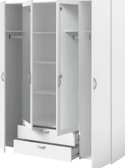 Kleiderschrank Salvador Spiegel, 4 Türen und 2 Schubladen - weiß