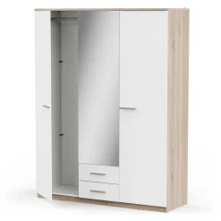 Kleiderschrank Seliena 3 Drehtüren, 1 Kleiderstange, 4 Einlegeböden und 2 Schubladen Eiche gebürstet/Mattweiß