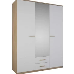 Kleiderschrank Seliena 3 Drehtüren, 1 Kleiderstange, 4 Einlegeböden und 2 Schubladen Eiche gebürstet/Mattweiß